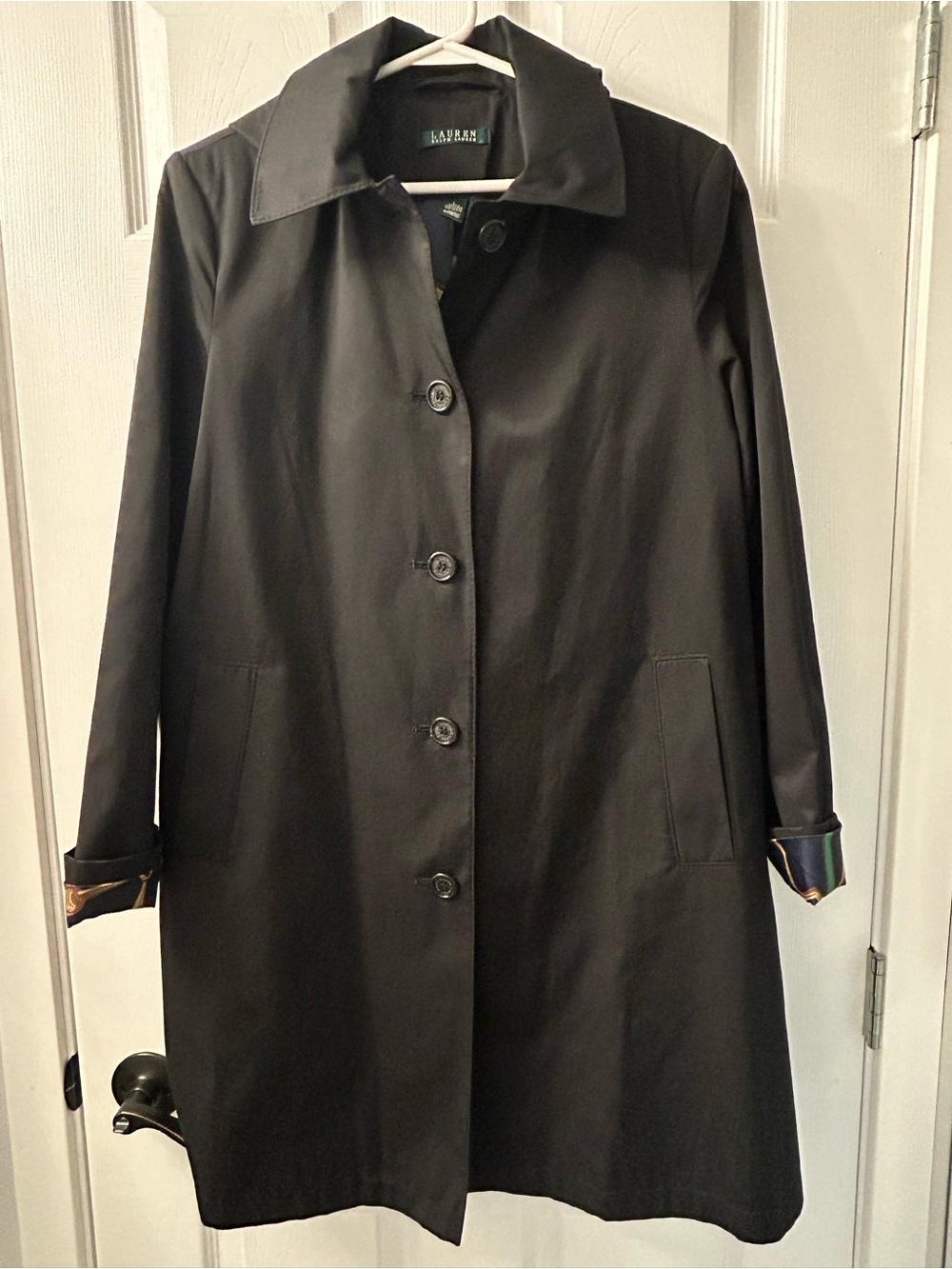 Lauren Ralph Lauren Black Hooded Raincoat Equestrian Scarf Lining Coat Large